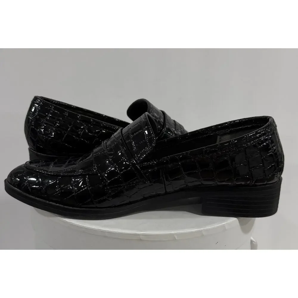ALDO Black Croc Embossed Patent Penny Loafers Women's Size 7 Preppy Dress Shoes